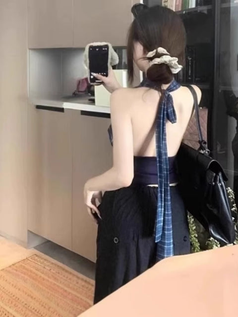 Sexy Plaid Patchwork Streetwear Halter Bandage Crop Tank Top CODE: READY1595