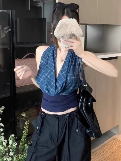 Sexy Plaid Patchwork Streetwear Halter Bandage Crop Tank Top CODE: READY1595