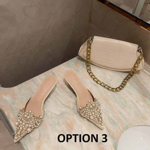 New String Bead Crystal Patchwork Slip-On Thin Heels SIZE:37 CODE: READY1603