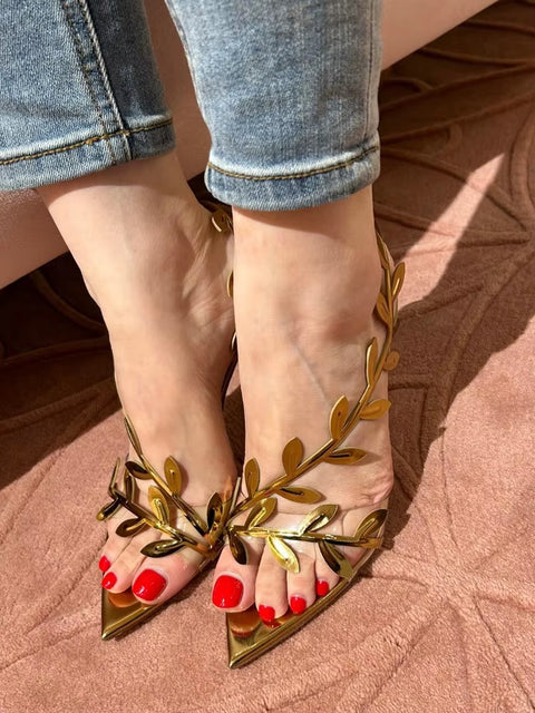 Fashion Leaf Stiletto Pointed Open Toe High Heels SIZE : 39 CODE: READY1608