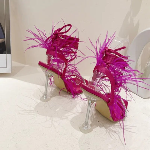 New Rhinestone Feather Lace-up Cross-Tied Gladiator Square Toe High Heel Sandal SIZE: 40 CODE: READY1617