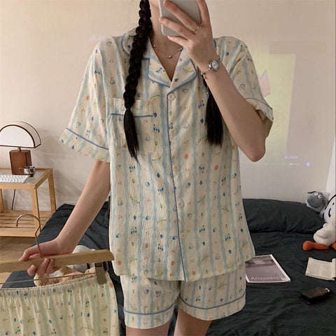 Summer loungewear nightwear cute plaid lapel pajamas Set CODE: READY1623