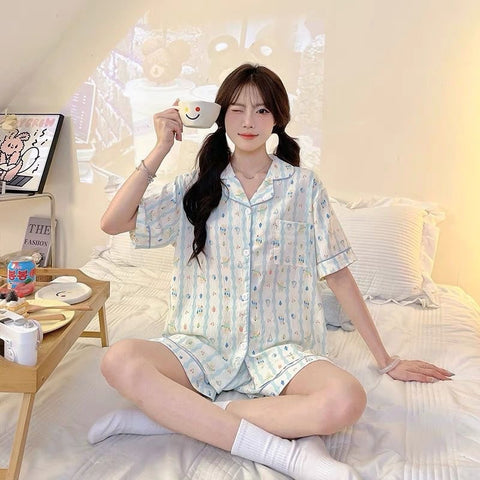 Summer loungewear nightwear cute plaid lapel pajamas Set CODE: READY1623