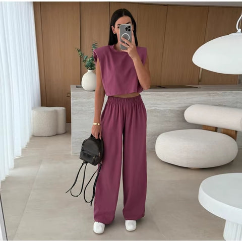 New O-neck, short sleeves, elastic, high waist, wide leg, rousers, feminine, 2-piece set CODE: READY1624