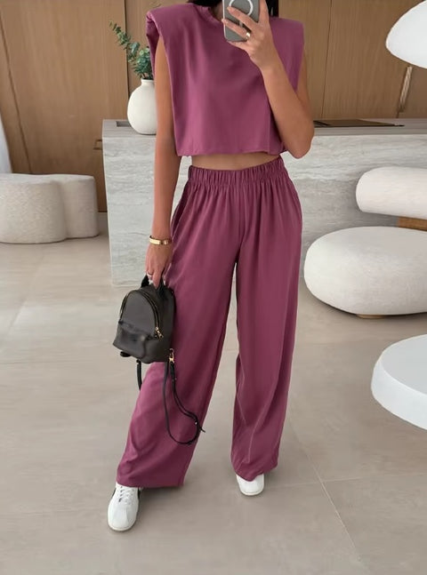 New O-neck, short sleeves, elastic, high waist, wide leg, rousers, feminine, 2-piece set CODE: READY1624