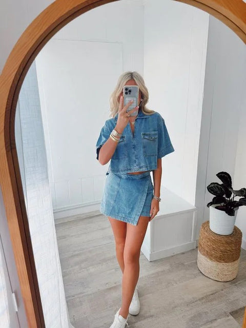 Slim Short Sleeve V Neck Crop Tops High Waist Skirt Shorts Set CODE: READY1626