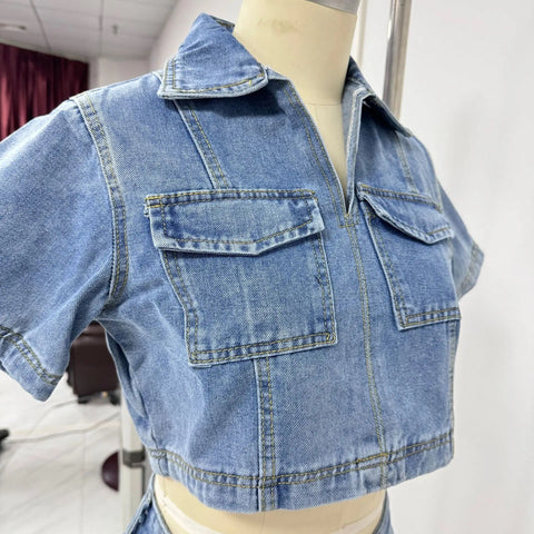 Slim Short Sleeve V Neck Crop Tops High Waist Skirt Shorts Set CODE: READY1626