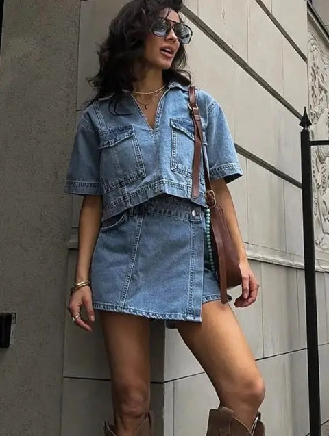 Slim Short Sleeve V Neck Crop Tops High Waist Skirt Shorts Set CODE: READY1626