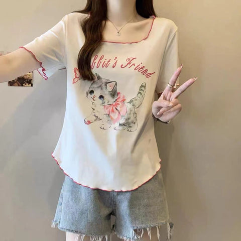 New Slimming Loose Fit Square Collar Short Sleeve Retro Style Top CODE: READY1634