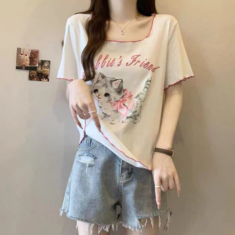 New Slimming Loose Fit Square Collar Short Sleeve Retro Style Top CODE: READY1634