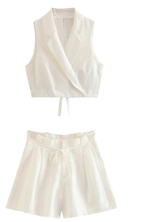 New Collar Tie Sleeveless Vest Jacket Casual High Waist Shorts Two-Piece set CODE: KAR1635