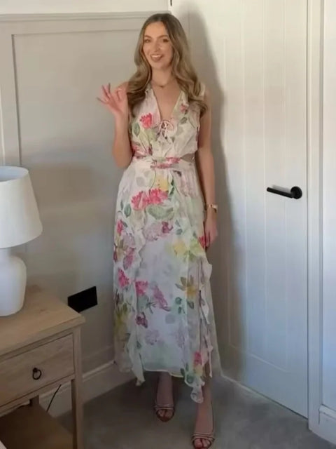 New Elegant Print V-Neck Sleeveless Waist Opening Tierred Open Back With Zipper Dress CODE: READY1638