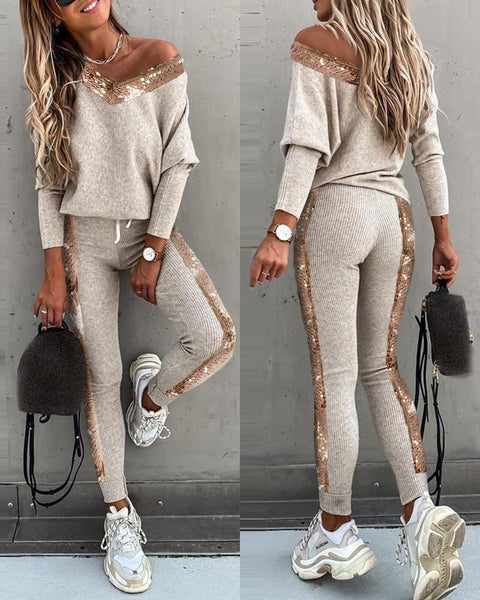 New Sequins Patchwork Long Sleeve Top and High Waist Pants Set CODE: READY1646