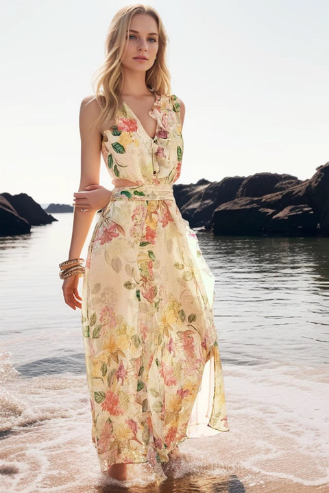New floral print V-neck, sleeveless, lace back, zipper dress CODE: READY1651