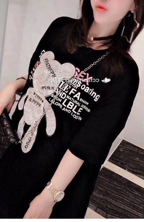 New style plus size mid-length bear letter rhinestone top CODE: READY1654