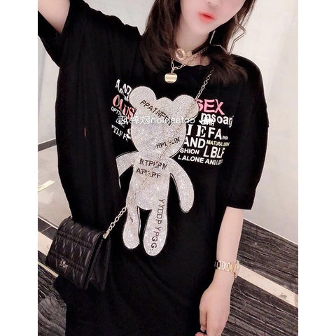 New style plus size mid-length bear letter rhinestone top CODE: READY1654