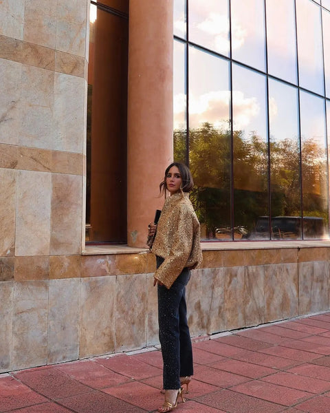 Fashion Sequin O-neck Covered Button Long Sleeve Loose Elegant Short Jacket CODE: READY1671