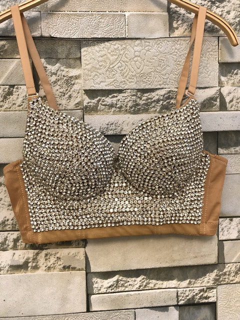 New Rhinestone Gaga Bustier Pearls Push Up Bralette Bra Cropped Top CODE: READY1714
