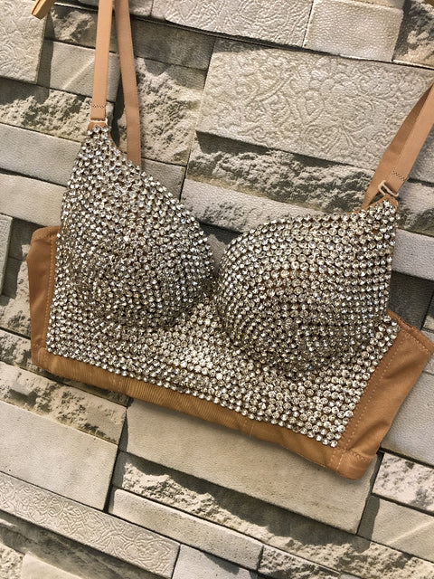New Rhinestone Gaga Bustier Pearls Push Up Bralette Bra Cropped Top CODE: READY1714