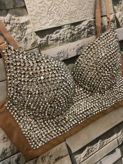 New Rhinestone Gaga Bustier Pearls Push Up Bralette Bra Cropped Top CODE: READY1714