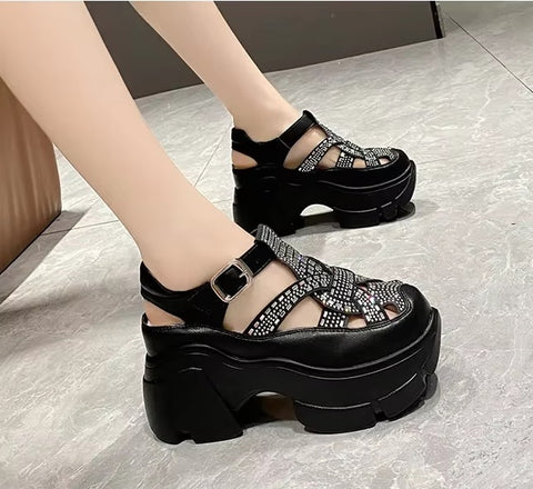 New Fashion Mules Rhinestone Platform Wedge Buckle Shoes SIZE: 37 CODE: READY1716