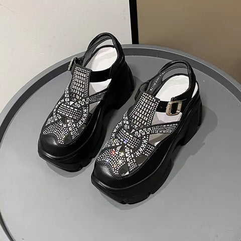 New Fashion Mules Rhinestone Platform Wedge Buckle Shoes SIZE: 37 CODE: READY1716