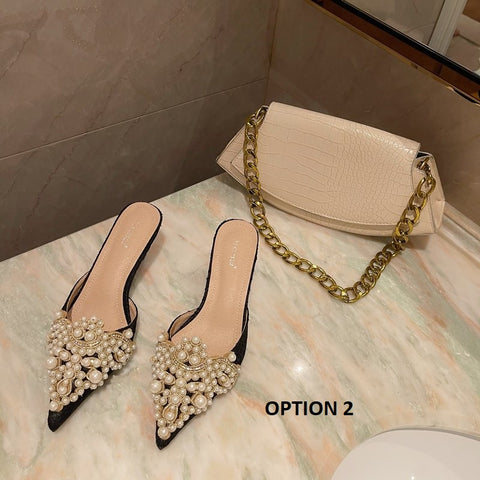 New String Bead Crystal Patchwork Slip-On Thin Heels SIZE: 39 CODE: READY1721