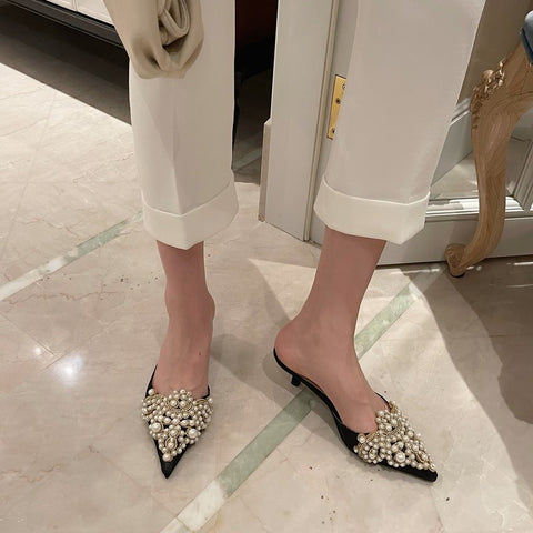 New String Bead Crystal Patchwork Slip-On Thin Heels SIZE: 39 CODE: READY1721