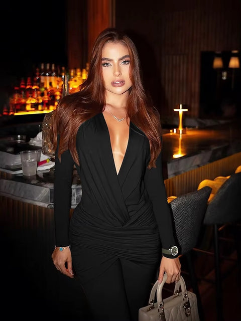 New Fashion Deep v-Neck Weird Puss Cross Ruched Jumpsuit CODE: READY1722