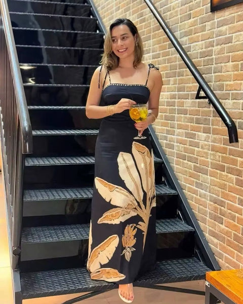 New Exposing Backless Strap Flower Print Sleeveless Long Dress CODE: READY1742