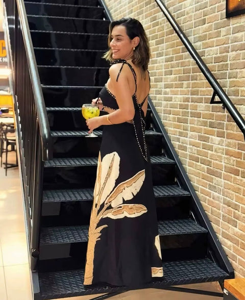 New Exposing Backless Strap Flower Print Sleeveless Long Dress CODE: READY1742
