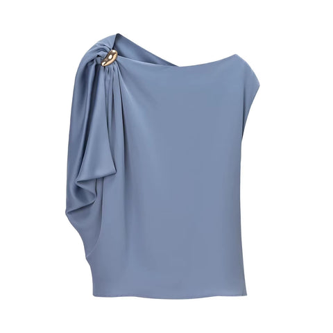 New Satin Blouse, Asymmetrical Pleated, High Street Style Top CODE: READY1758