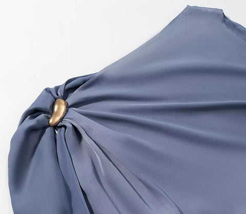 New Satin Blouse, Asymmetrical Pleated, High Street Style Top CODE: READY1758