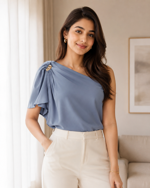 New Satin Blouse, Asymmetrical Pleated, High Street Style Top CODE: READY1758