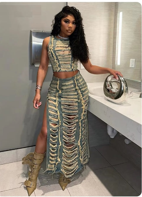 New Elegant Ripped Hole Sleeveless Crop Tank Top Split Side Maxi Skirt Set CODE: READY1775