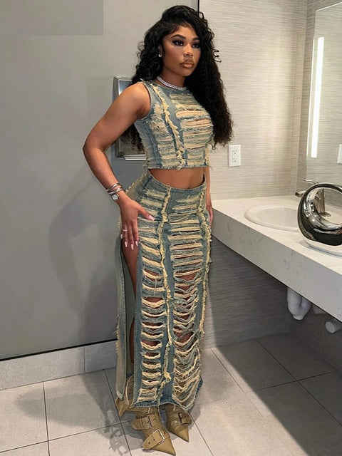 New Elegant Ripped Hole Sleeveless Crop Tank Top Split Side Maxi Skirt Set CODE: READY1775