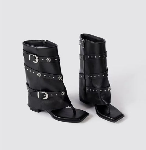 Fashion Square Toe Metal Rivets Buckle Strap Ankel Boots SIZE: 36 CODE: READY1786