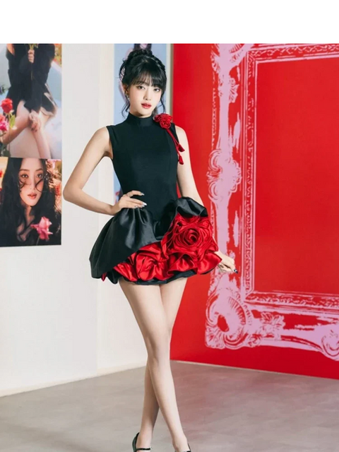Sexy Black Sleeveless Floral Cocktail Short Dress CODE: READY1788