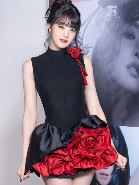 Sexy Black Sleeveless Floral Cocktail Short Dress CODE: READY1788