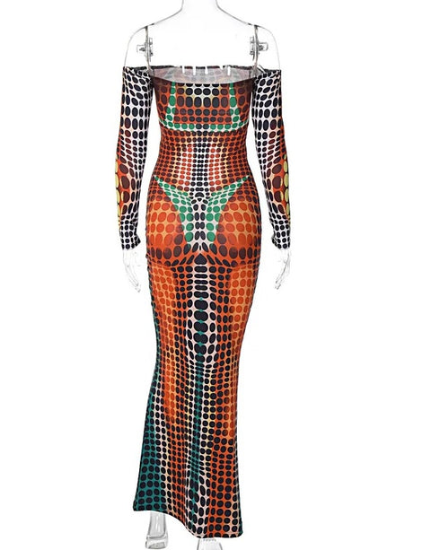 New Sexy Tie Dye Print Long Sleeve Backless Party Streetwear Maxi Dress CODE: KAR3950