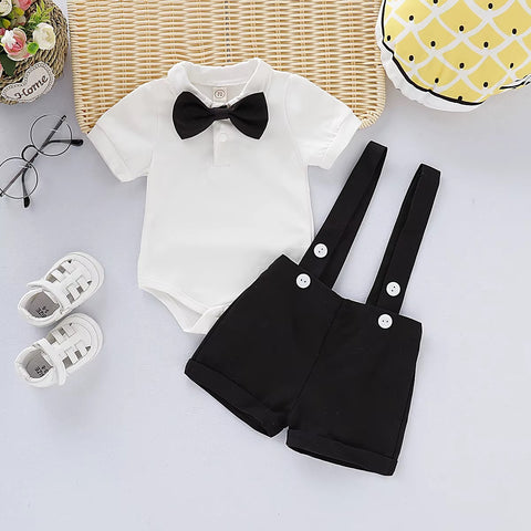 Newborn Baby Boy Formal Costumes Short Sleeve Shirt With Bow + Romper Short Pant Summer Fashion 2 Pcs Set CODE: RSH018