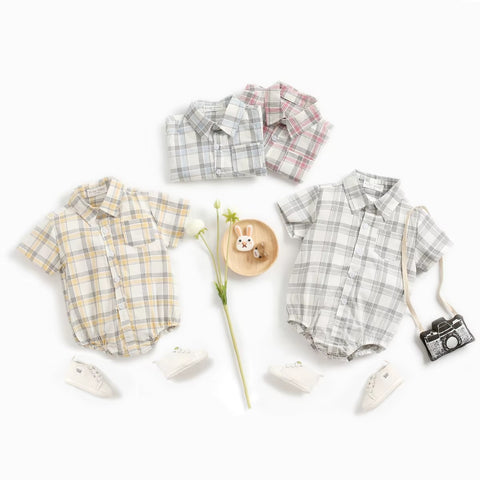 Newborn Clothes for Baby Boy Summer Plaid Fashion Short Sleeve Bodysuits CODE: RSH019
