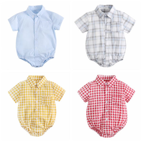 Newborn Clothes for Baby Boy Summer Plaid Fashion Short Sleeve Bodysuits CODE: RSH019