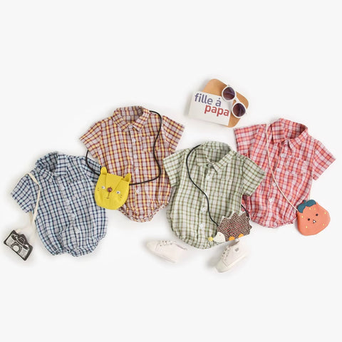Newborn Clothes for Baby Boy Summer Plaid Fashion Short Sleeve Bodysuits CODE: RSH019