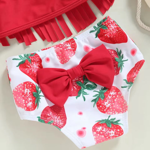 Summer Halter Bikini Set Strawberry Print Tassel 3 Piece Bathing Suits CODE: RSH001