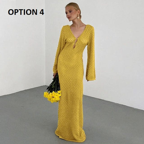 Sexy Long Knit Hollow-Out Deep V-Neck Long Sleeve Backless Dress CODE: KAR2951
