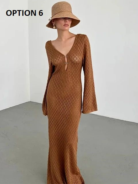 Sexy Long Knit Hollow-Out Deep V-Neck Long Sleeve Backless Dress CODE: KAR2951