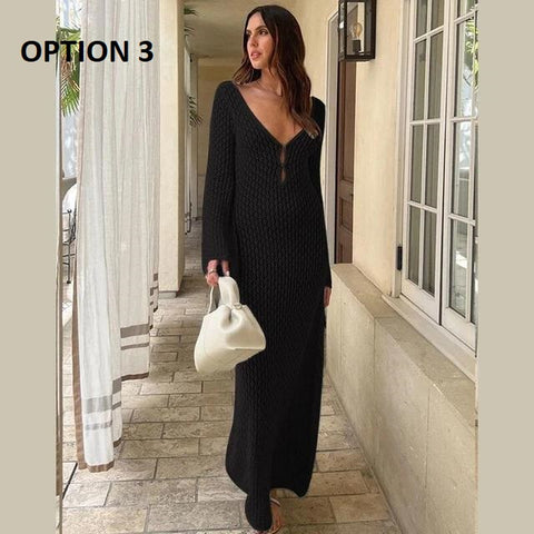 Sexy Long Knit Hollow-Out Deep V-Neck Long Sleeve Backless Dress CODE: KAR2951