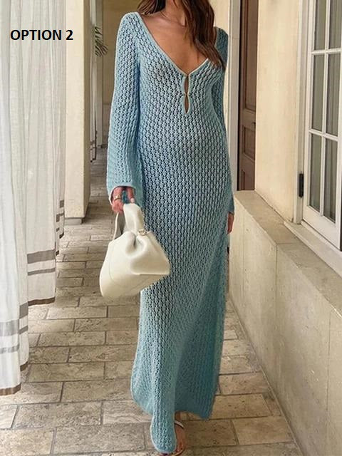 Sexy Long Knit Hollow-Out Deep V-Neck Long Sleeve Backless Dress CODE: KAR2951