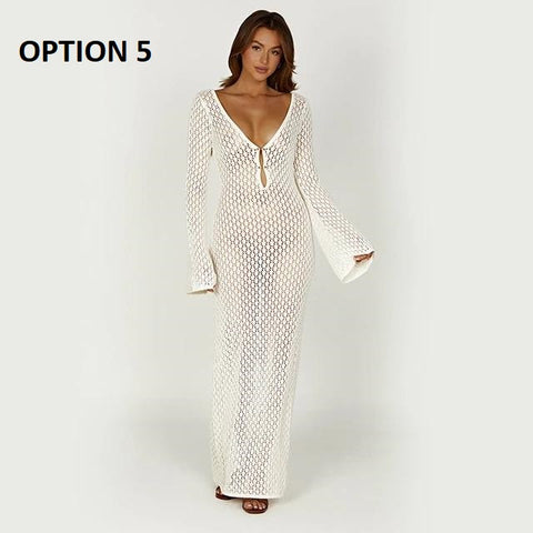 Sexy Long Knit Hollow-Out Deep V-Neck Long Sleeve Backless Dress CODE: KAR2951